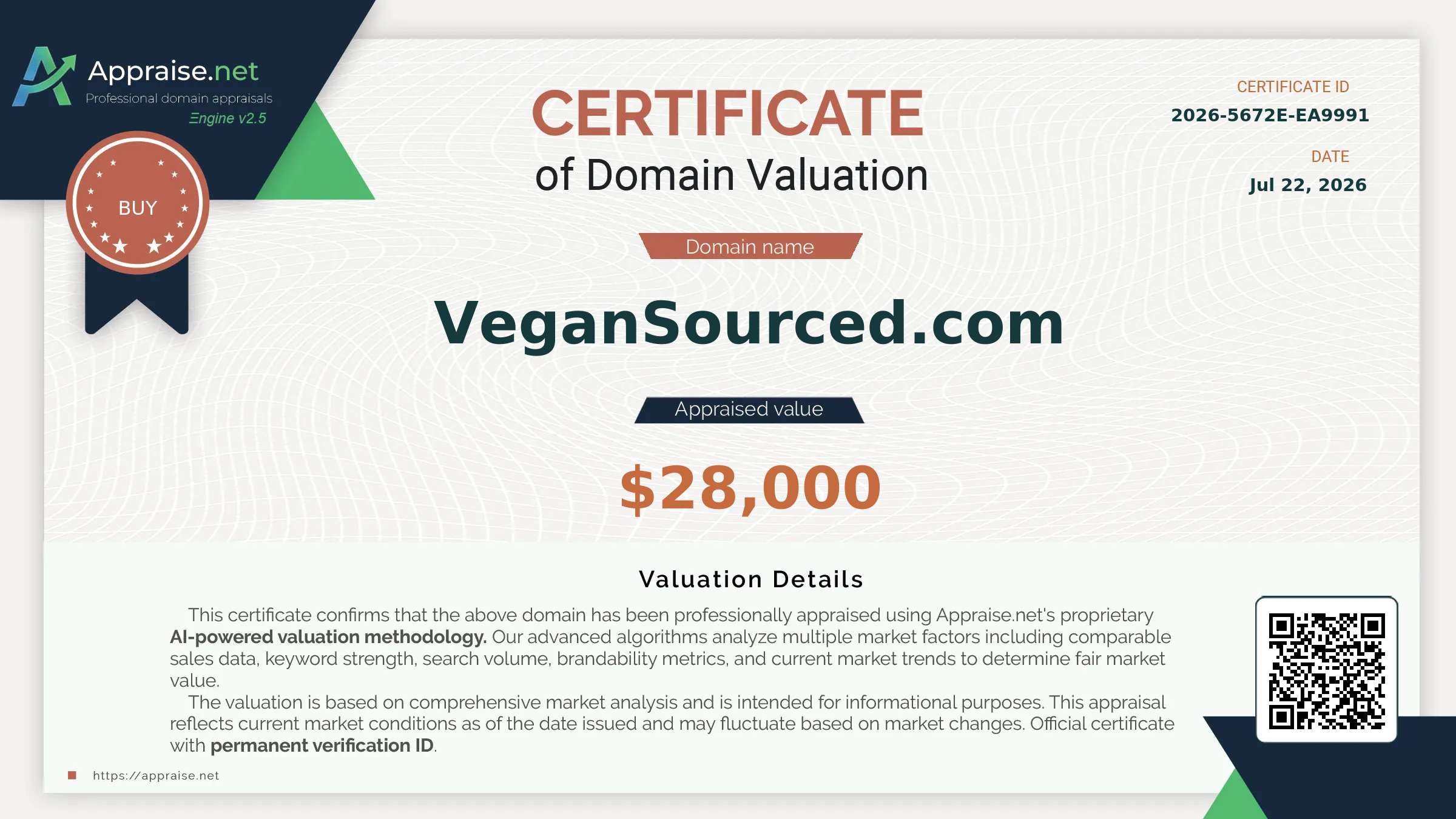 Appraise.net certificate for VeganSourced.com